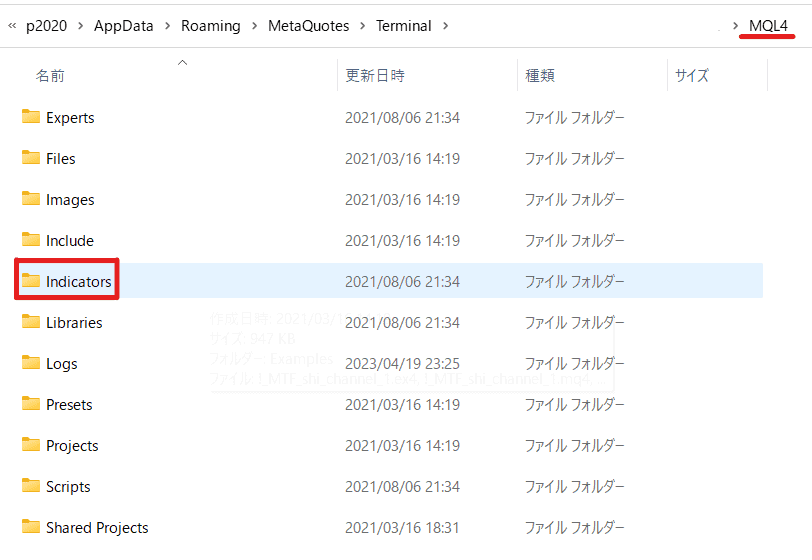 MT4にオリジナルインジケーターを入れる方法②「indicators」にダウンロードファイルを入れる2